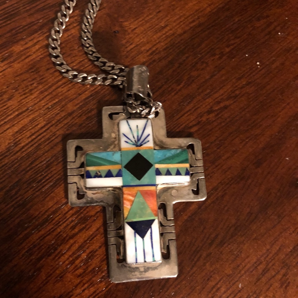 Sterling silver and stone Native American style cross necklace